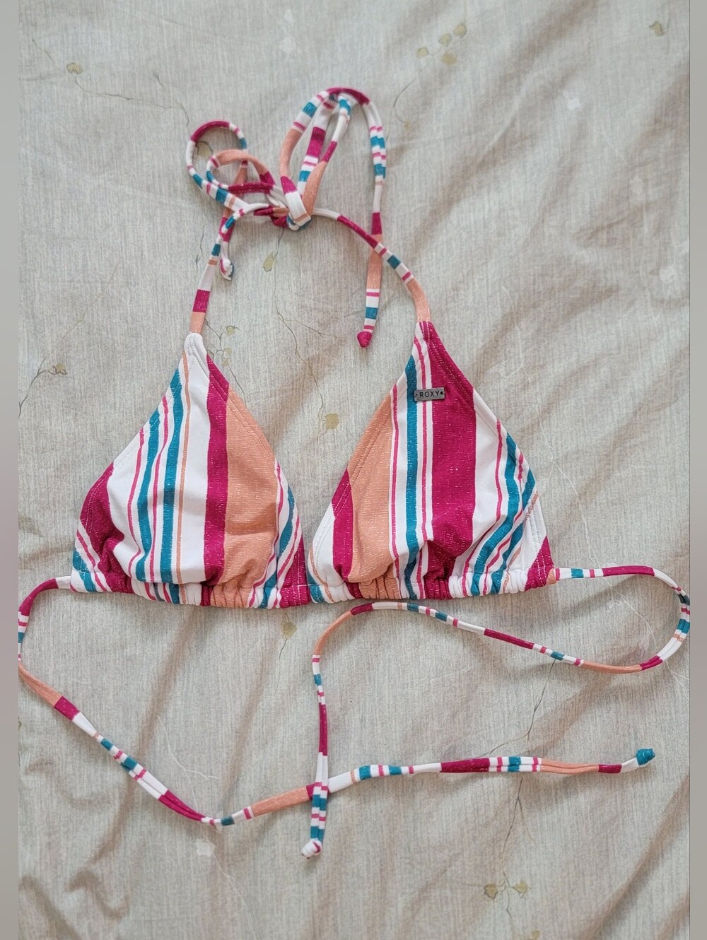 Roxy Pink Peach Teal Striped Bikini Top L